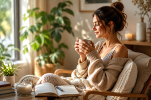 Woman relaxing in a cozy chair with a warm drink, journal, candles, and plants, enjoying a peaceful self care moment at home.