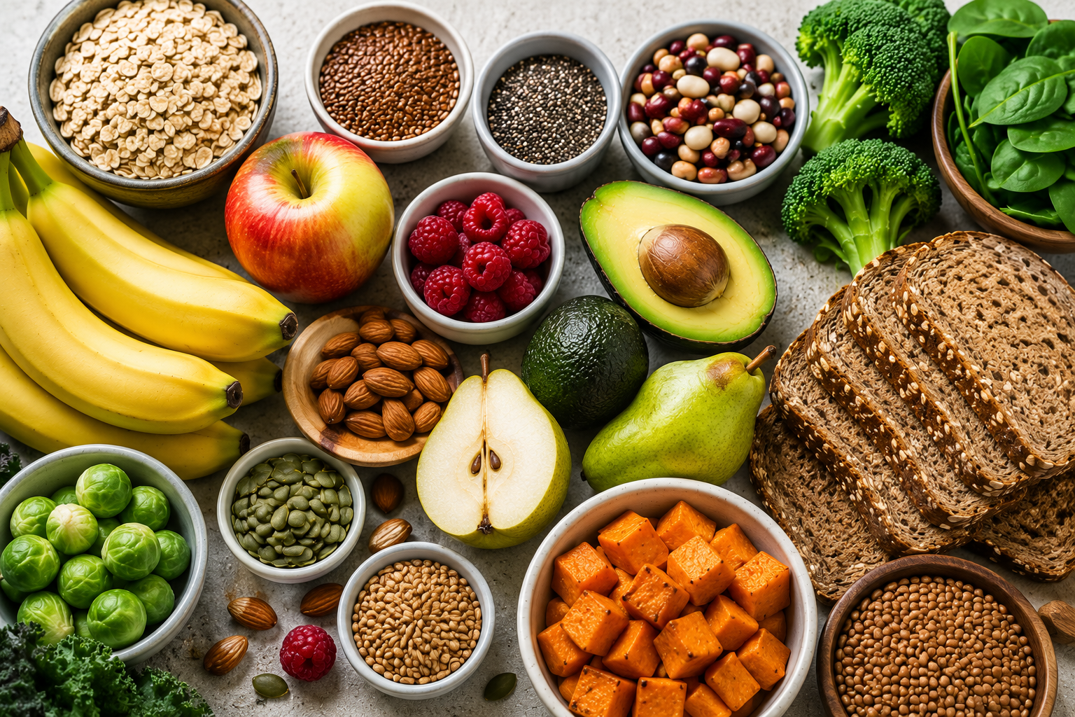 A variety of high fiber foods including oats, bananas, apples, pears, beans, broccoli, spinach, avocados, sweet potatoes, almonds, seeds, raspberries, and whole grain bread displayed on a table.