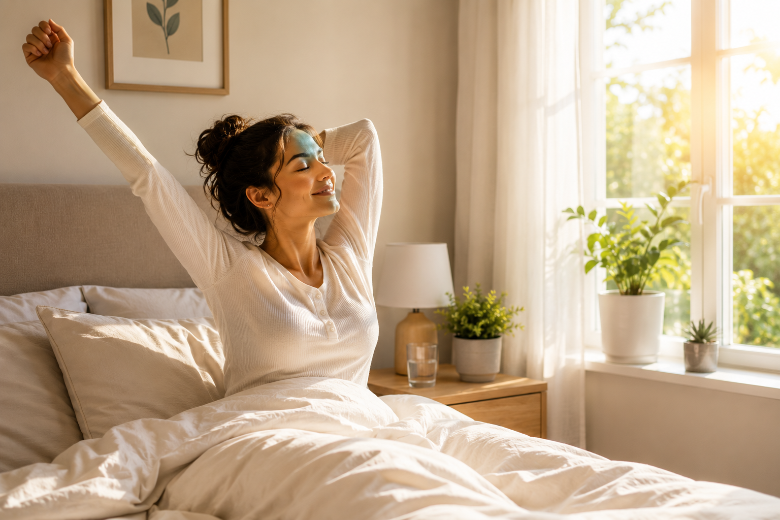 Woman waking up refreshed in a bright bedroom with natural morning sunlight streaming through the window, representing healthy sleep habits and better rest.